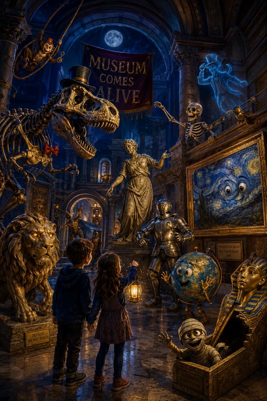 Two awestruck children watch as museum exhibits magically come alive in a grand moonlit fantasy m...