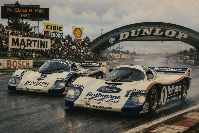 Two iconic Porsche Group C race cars race side-by-side on the wet 1982 Le Mans track under the Du...