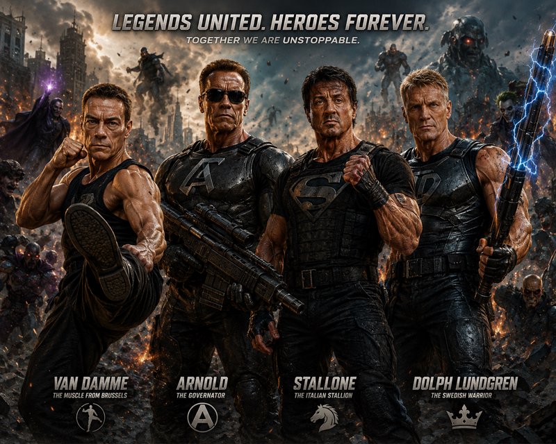 Epic fan art poster of action legends Van Damme, Schwarzenegger, Stallone, Lundgren standing unit...