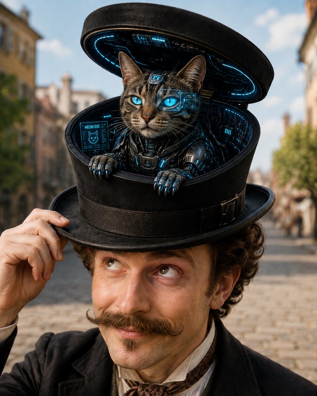 Surreal steampunk man tips his open top hat, revealing a glowing cybernetic tabby cat with blue h...