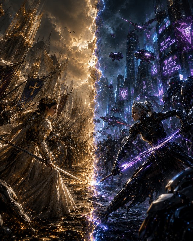 Epic battle scene: medieval holy queen faces cyberpunk warrior across a glowing energy rift divid...