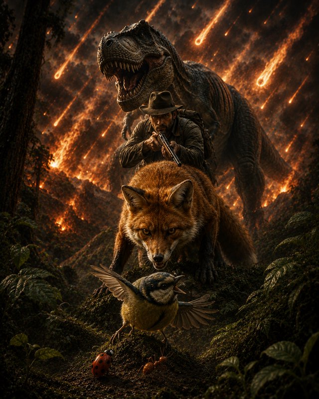 Surreal forced perspective apocalyptic scene with wildlife, hunter, T-Rex, falling meteors in pre...