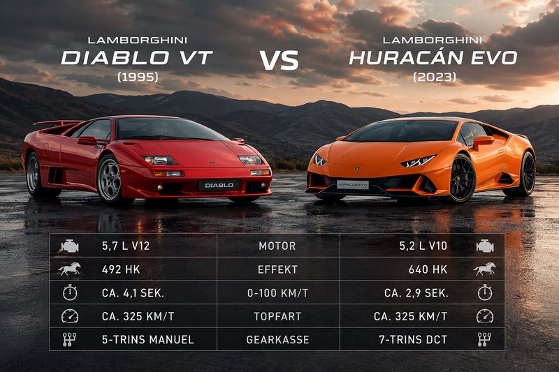 Side by side comparison of 1995 red Lamborghini Diablo VT and 2023 orange Huracan Evo with perfor...