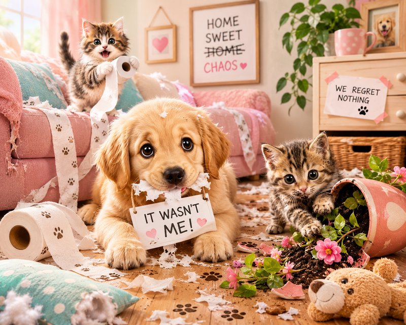 Wide-eyed golden retriever puppy and mischievous tabby kittens pose amid playful home chaos with ...