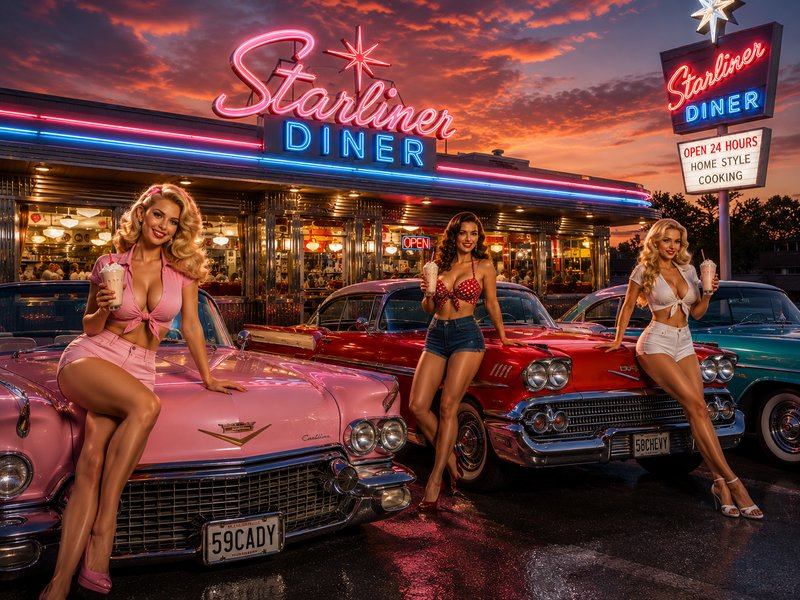 Three retro pinup women with milkshakes pose by vintage classic cars outside glowing Starliner Di...