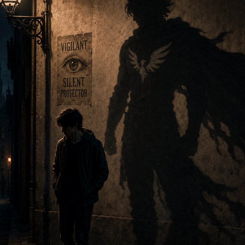 Brooding young man on a night city street casts a giant winged vigilante shadow next to a 'Vigila...