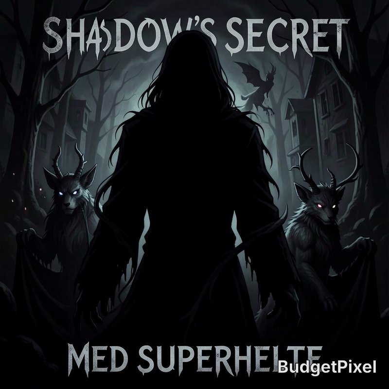Dark fantasy horror cover art, silhouetted hooded central figure flanked by glowing-eyed horned c...