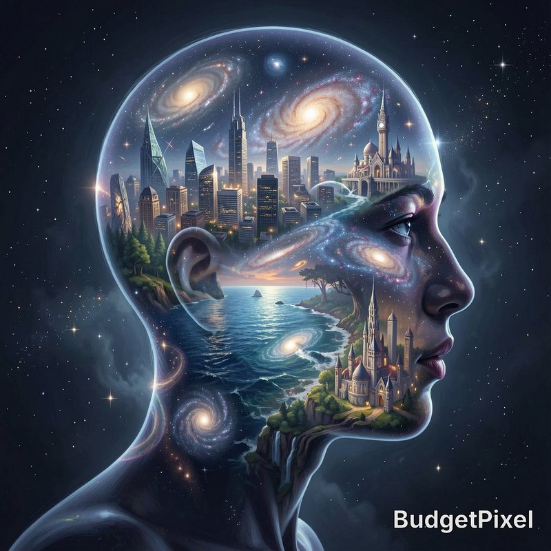 Surreal profile of a translucent human head holding an interior dreamscape of galaxies, cities, o...