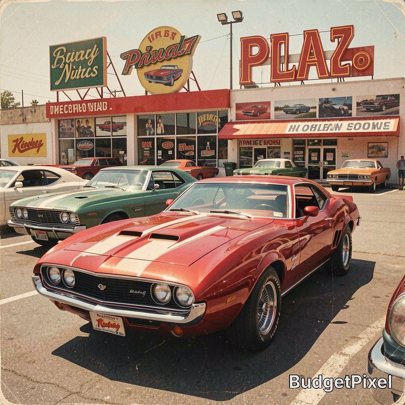 Glossy red classic muscle car in foreground of a retro 1970s car dealership parking lot, faded vi...
