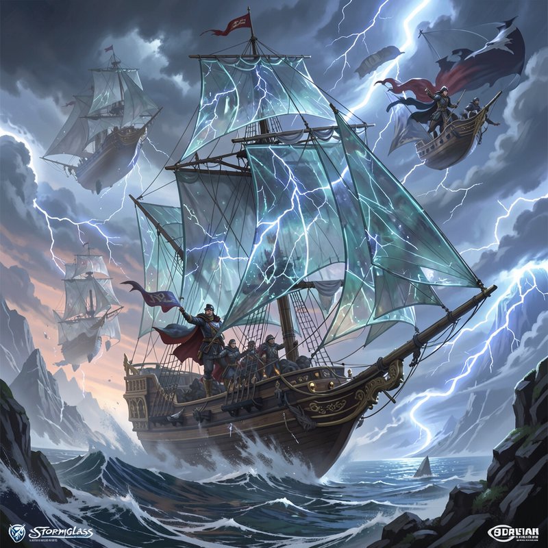 Fantasy flagship with lightning-charged glowing sails navigates a storm, flanked by flying sky sh...