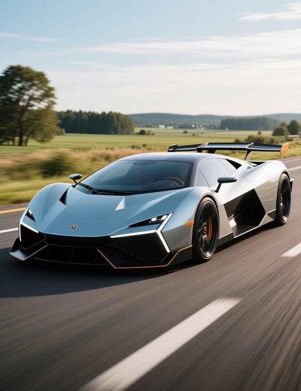 Sleek silver Lamborghini hypercar speeds along a paved rural road past green countryside on a sun...