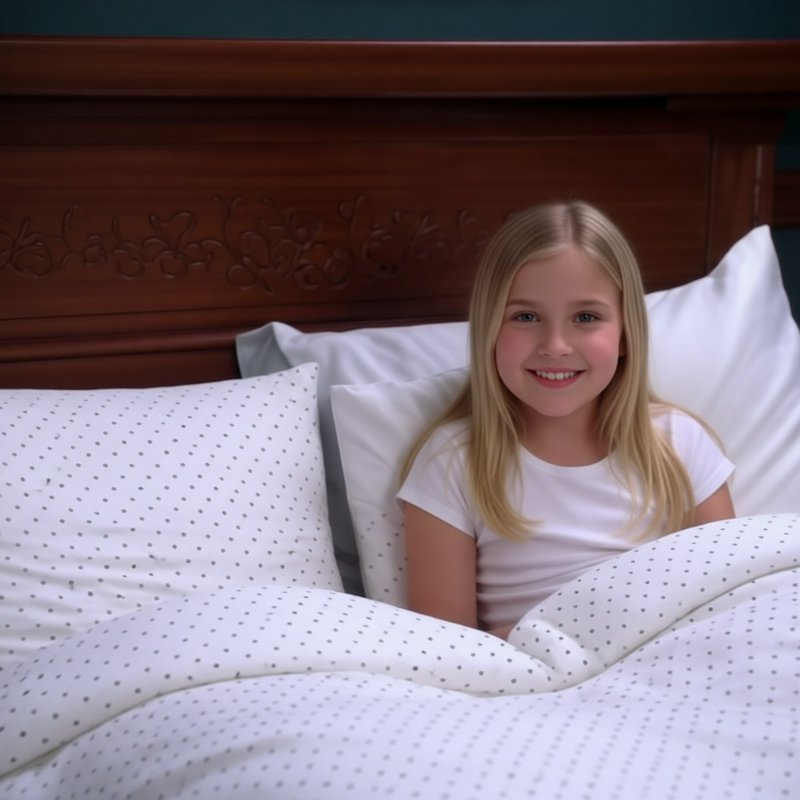 Smiling young blonde girl sits up tucked in a wooden bed with polka dot bedding, looking at the c...