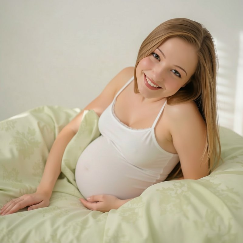 Smiling pregnant young woman rests in bed, gently holding her baby bump and looking warmly at the...