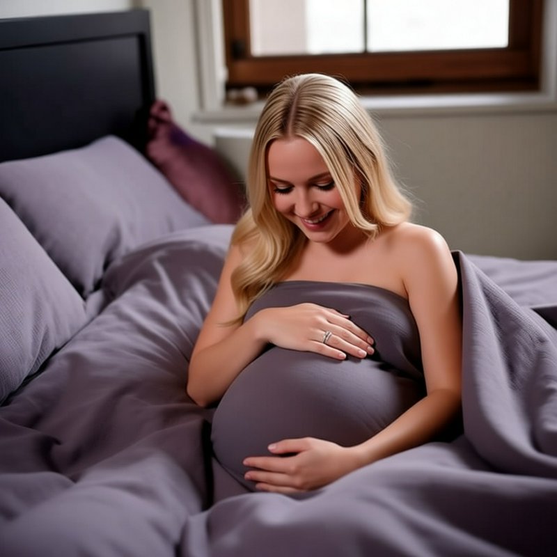 Smiling pregnant blonde woman tenderly holds her baby bump while sitting up in a sunlit cozy bedr...