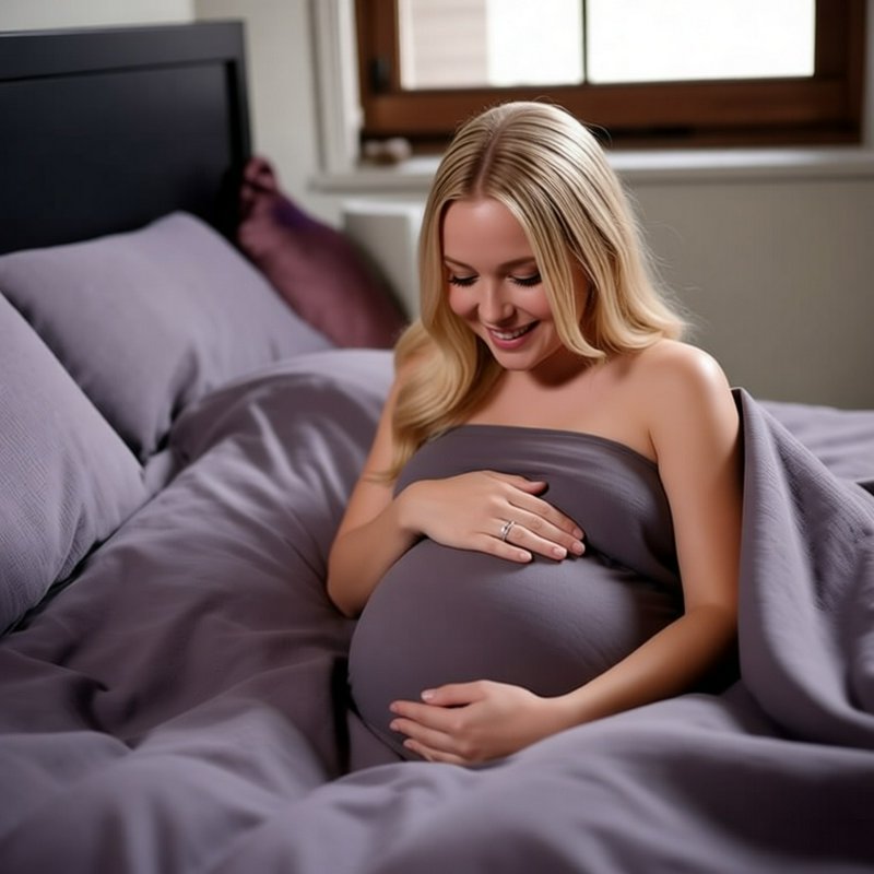 Smiling pregnant blonde woman sits in bed gently holding her baby bump in a sunlit cozy bedroom.