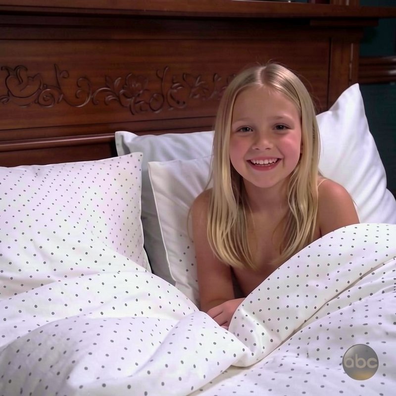Smiling young blonde girl sits propped up in bed with polka dot bedding, carved dark wood headboa...