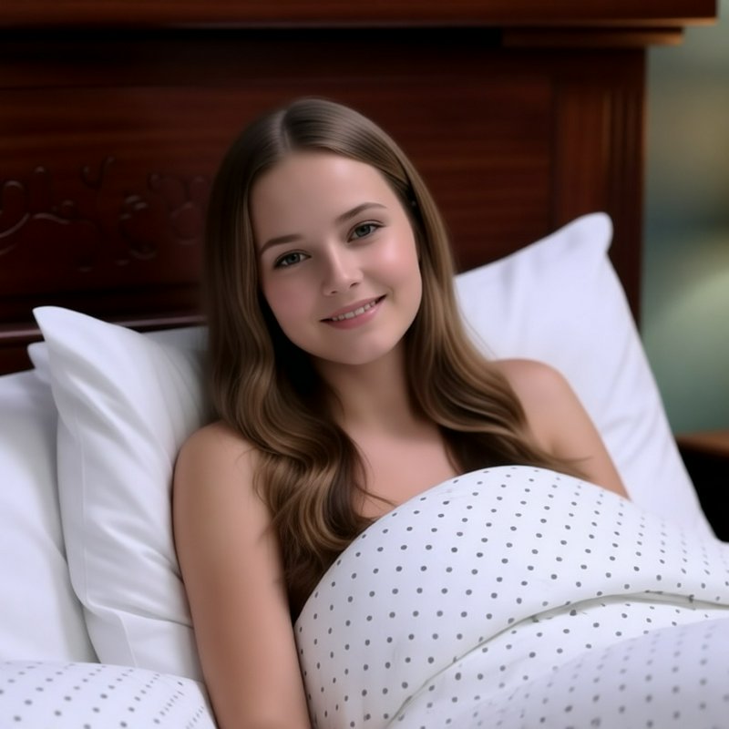 [Smiling young woman rests propped up in bed, tucked under a polka dot duvet against soft white pillows]