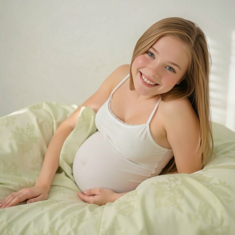 Smiling pregnant young woman rests a hand on her baby bump while reclining in bed, looking warmly...