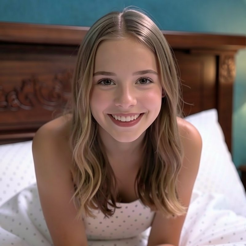 Cheerful young blonde woman smiling at the camera while leaning over a plush bed with a carved wo...