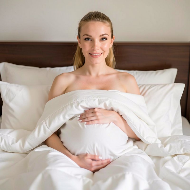 Smiling pregnant blonde woman sits upright in bed, gently holding her baby bump while wrapped in ...