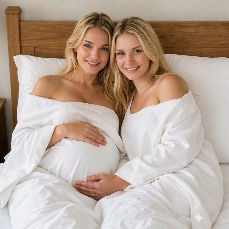 Two smiling blonde pregnant women sit close together in bed, resting hands on their baby bump und...