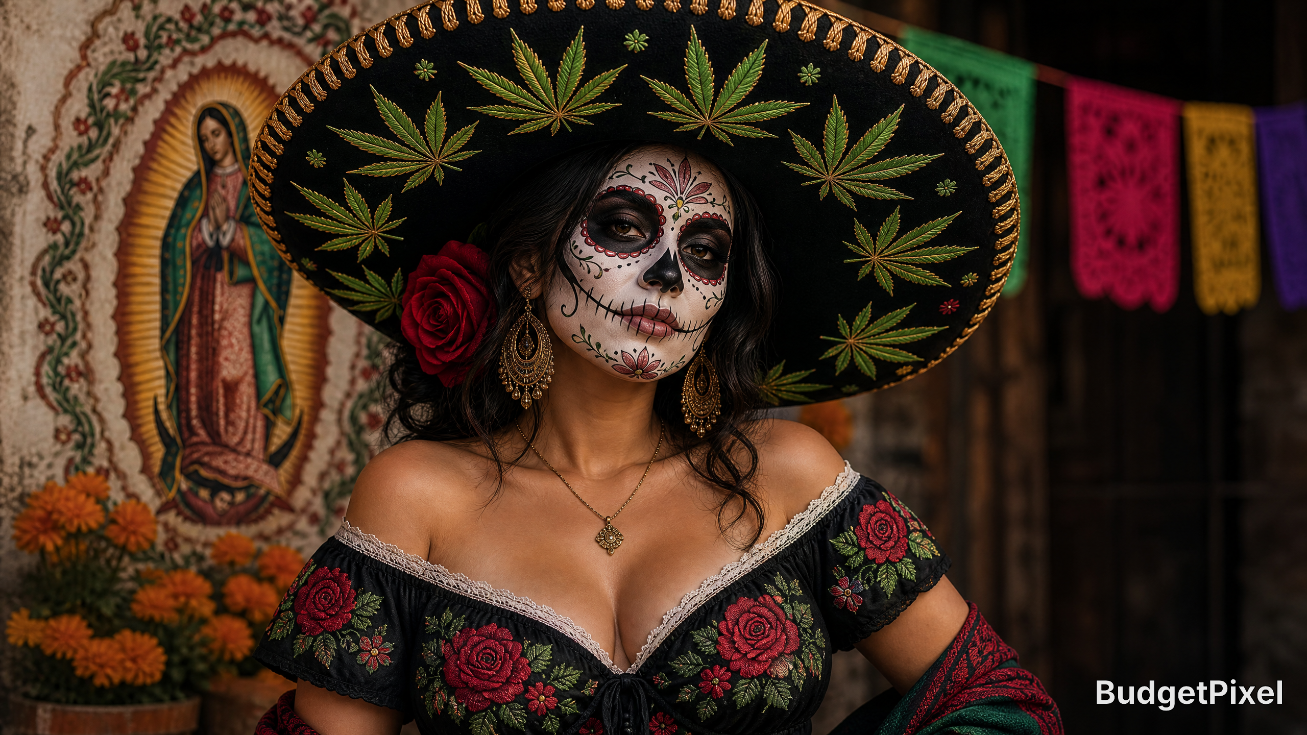Dia de los Muertos-inspired woman with sugar skull makeup, wearing a large sombrero with cannabis-leaf pattern and a rose-...