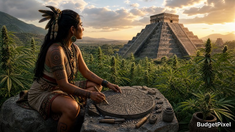 Indigenous woman sketching a circular stone calendar with a stepped pyramid and hemp field at sunset.