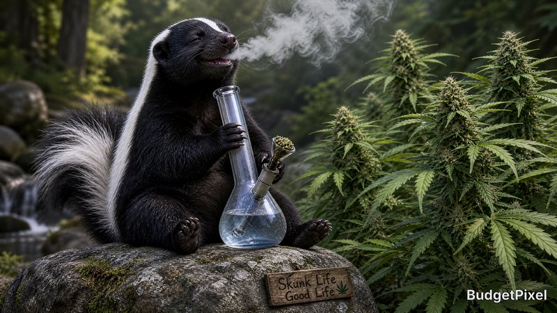 Skunk with glass bong smoking, perched on a rock beside cannabis plants.