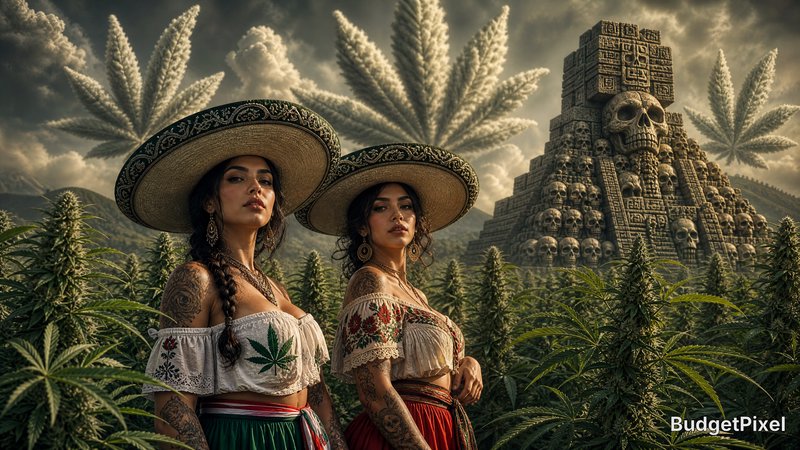 Two women in sombreros and embroidered dresses stand among cannabis plants with a skull-adorned t...