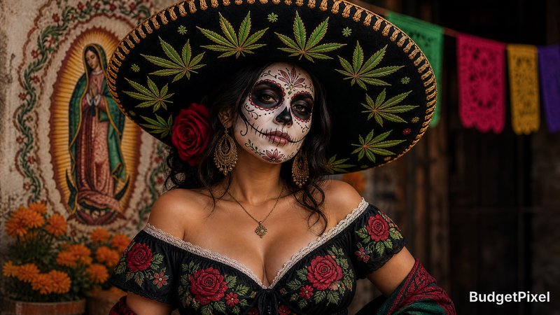 Dia de los Muertos-inspired woman with sugar skull makeup, wearing a large sombrero with cannabis...