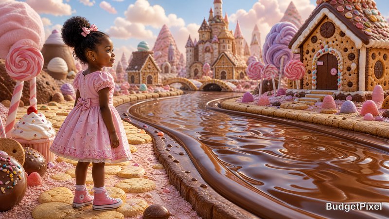 A young girl in a pink dress stands by a chocolate river in a candy land with gingerbread houses.