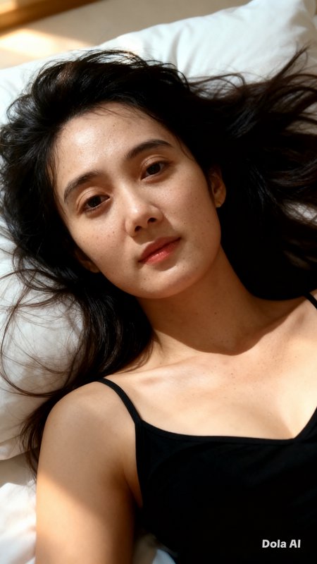 Close-up of a woman with long dark hair lying on a white pillow wearing a black spaghetti-strap top.