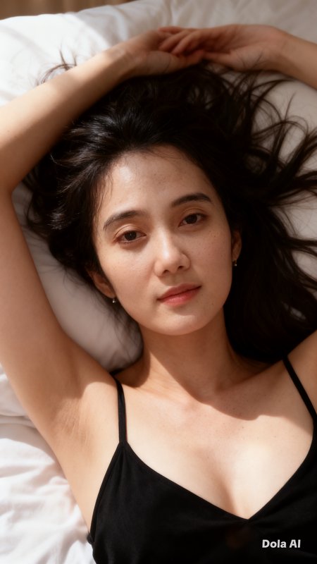 Young East Asian woman lying on a sunlit bed with arms raised, soft calm expression, dark hair sp...