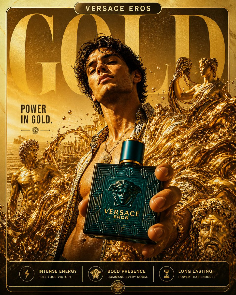 Man holding Versace Eros Gold perfume bottle with a gold, sculpted background and mythic statues.