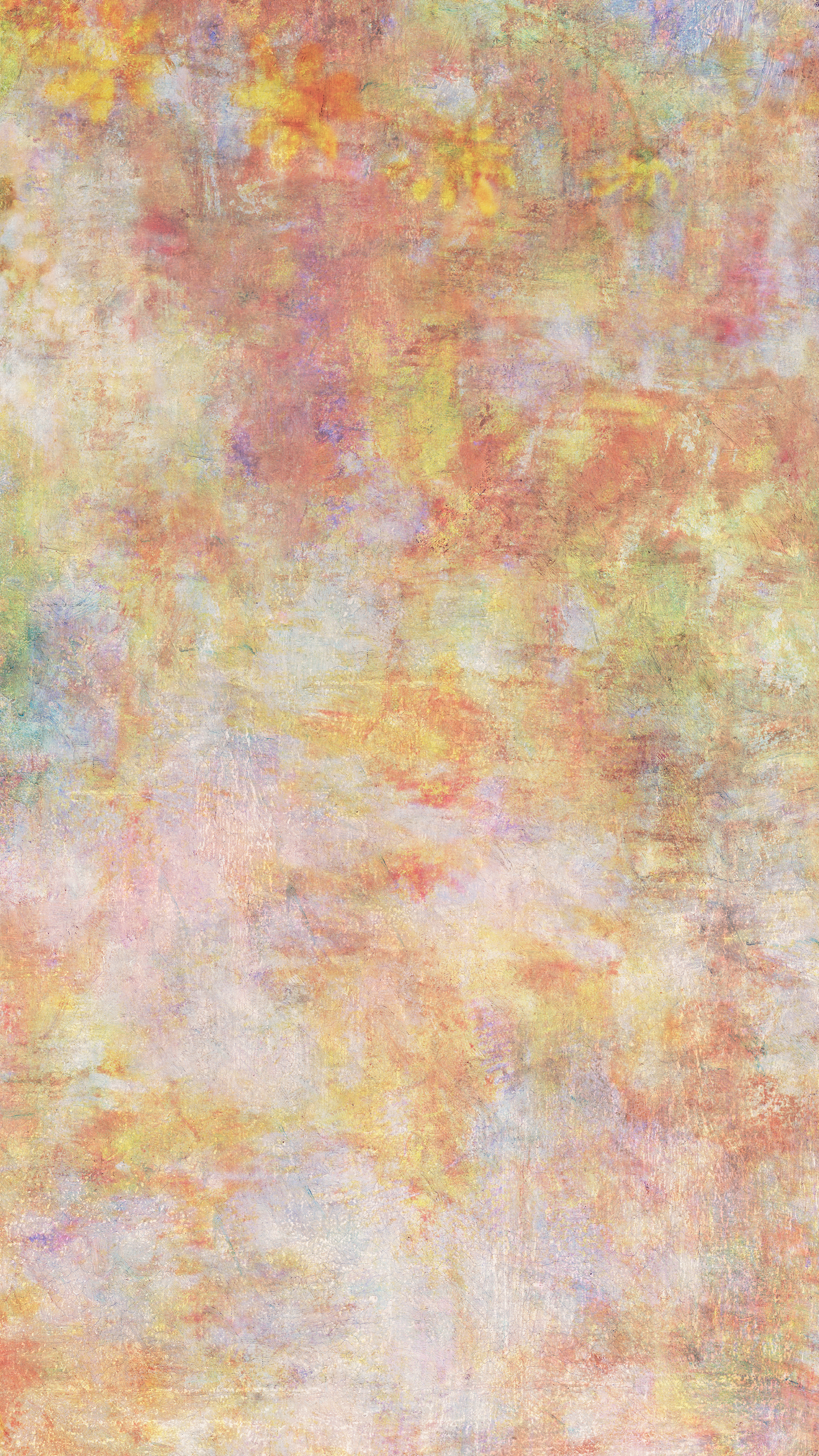 Abstract pastel brushstrokes in warm yellows, pinks, and lilacs with soft textured surface.