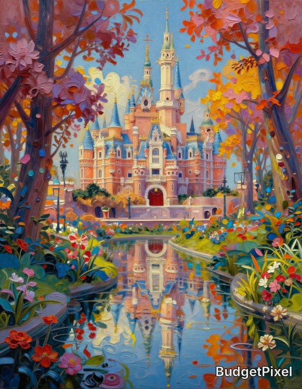Vibrant impasto oil painting of a fairytale Disney castle reflected in a flower-lined autumnal ca...