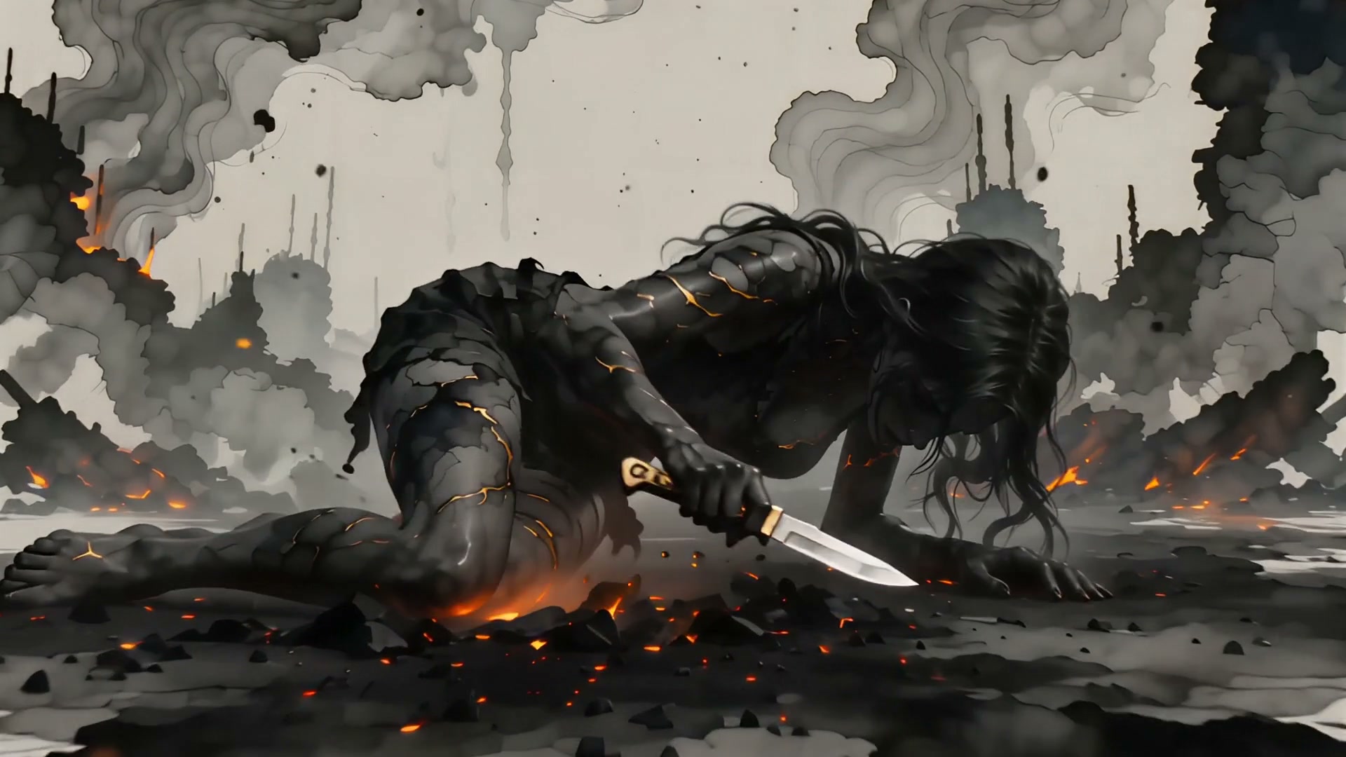 A dark, cracked-clay figure kneels on a smoky battlefield with a glowing blade amid lava-lit debris.