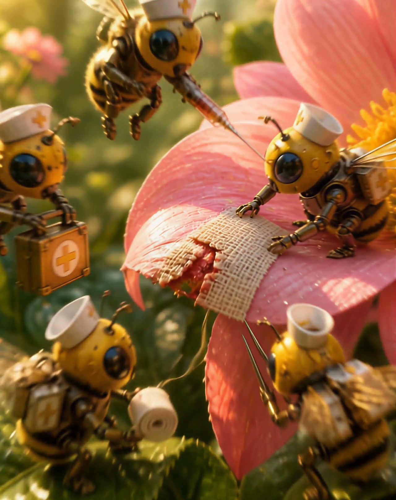 Robotic nurse bees tend to a torn pink flower petal, using medical supplies to bandage the injury...