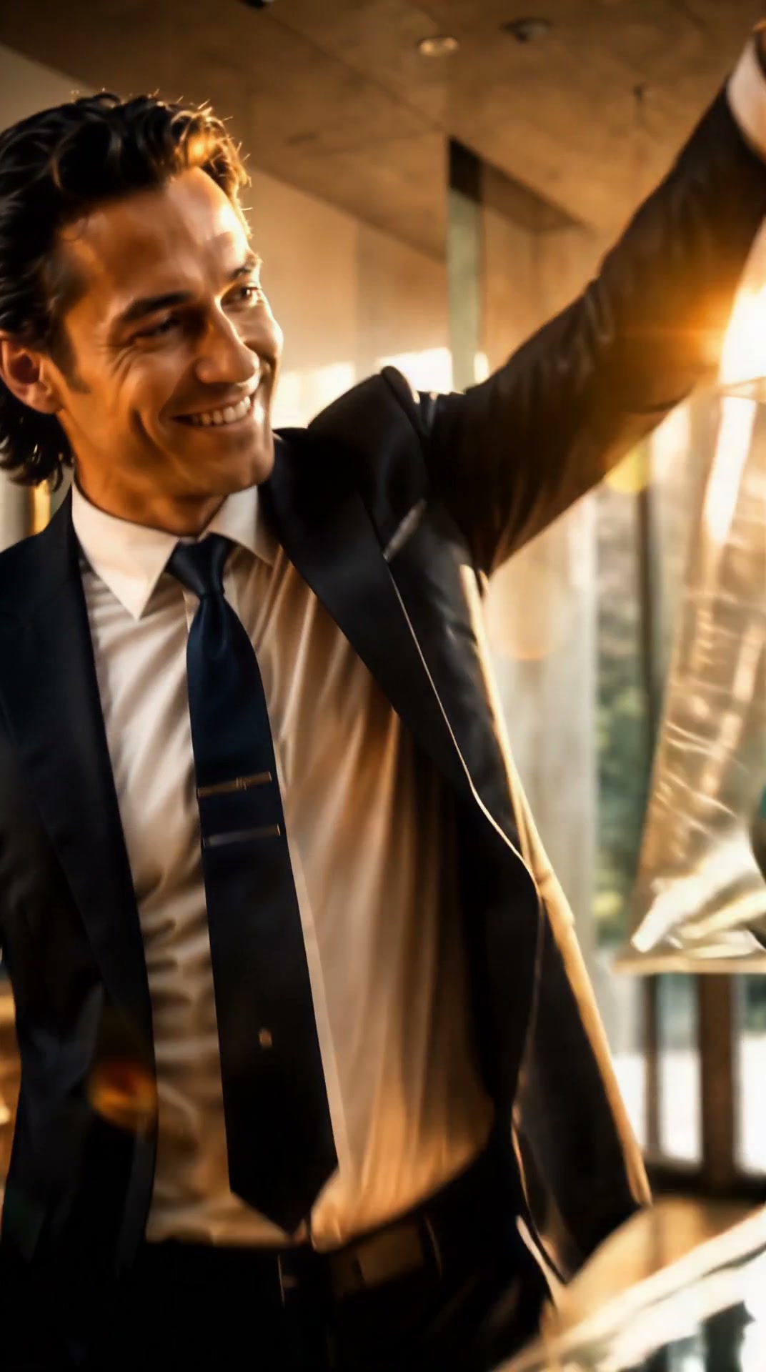 Smiling businessman in a navy suit celebrating with a raised arm, bathed in warm golden light in ...
