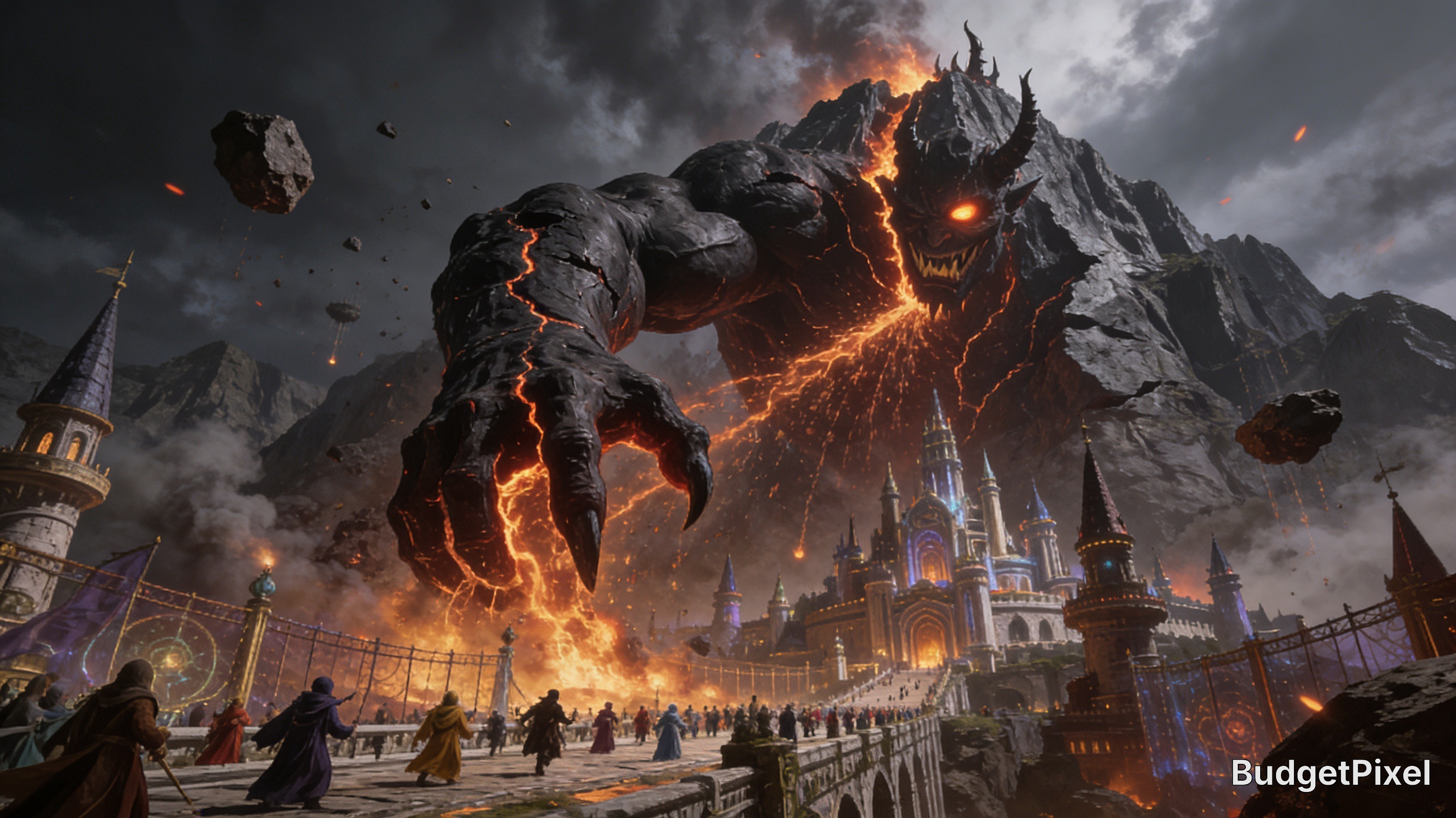 Giant lava-bodied demon battles a medieval city, towering over a stone bridge with knights defending below.