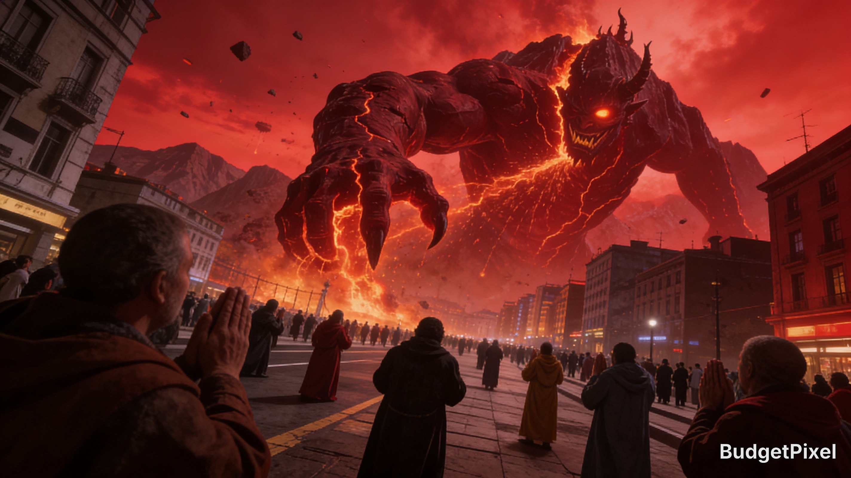 Giant lava-crowned demon towers over a city street as crowd watchers stare in awe and fear.