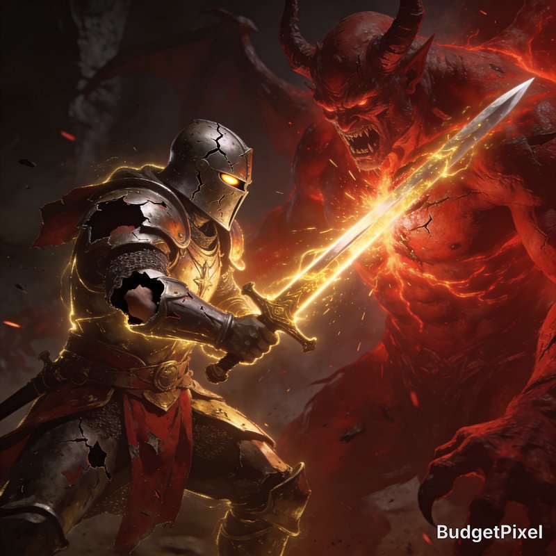 Armored knight clashing with a fiery red demon, glowing sword between them in a dark fantasy battle.
