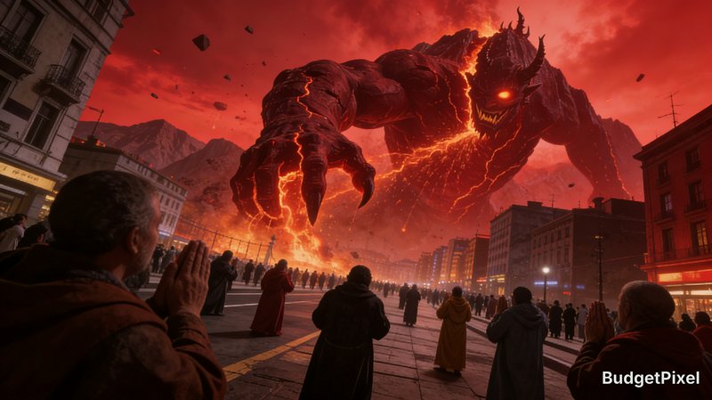 Giant lava-crowned demon towers over a city street as crowd watchers stare in awe and fear.