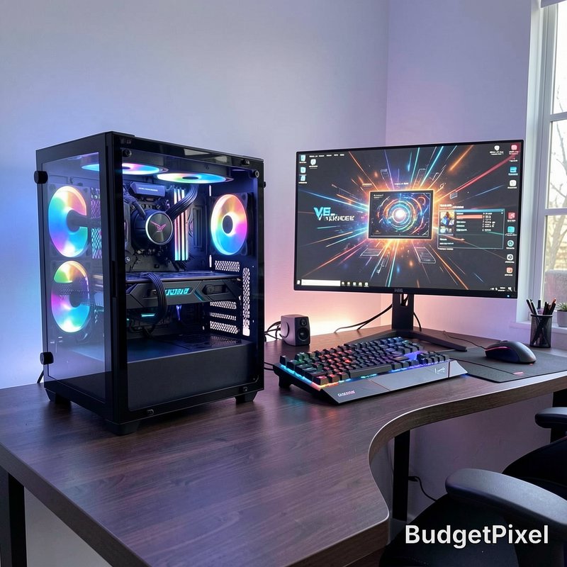 RGB custom gaming PC setup with tempered glass case, backlit keyboard, and wide gaming monitor on...