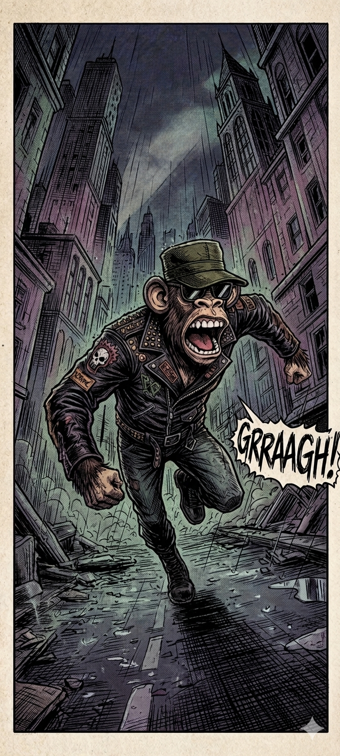 Comic-style ape in a biker leather jacket running through a ruined city street in the rain.