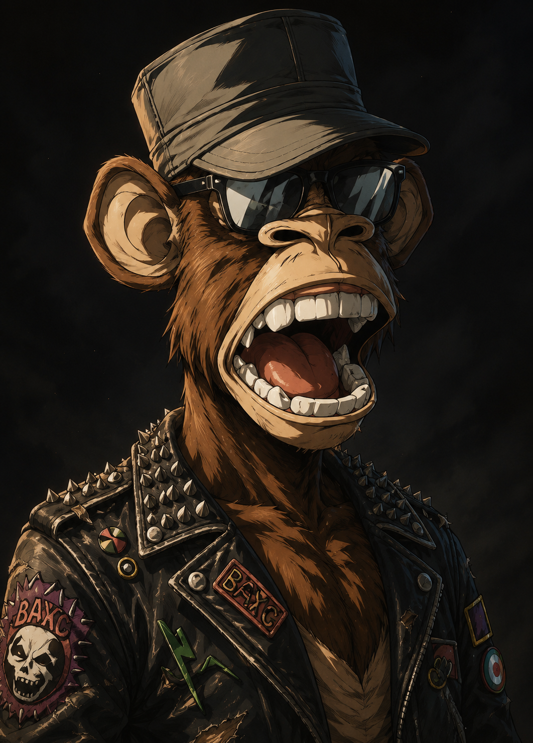 Illustrated chimpanzee wearing a studded leather biker jacket, cap, and sunglasses with mouth open.