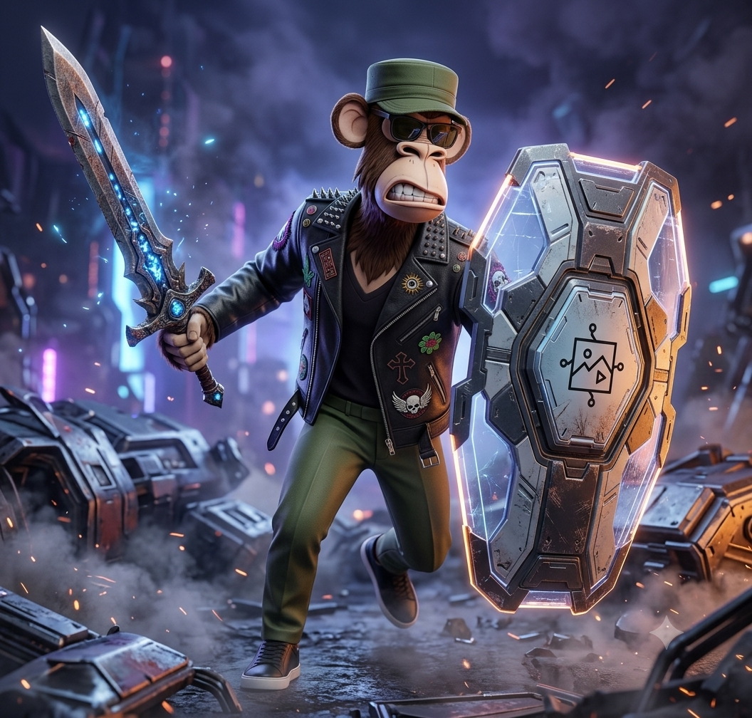 "Anthropomorphic punk ape in a studded leather jacket wields a glowing sci-fi sword and energy shield in a post-apocalypti...