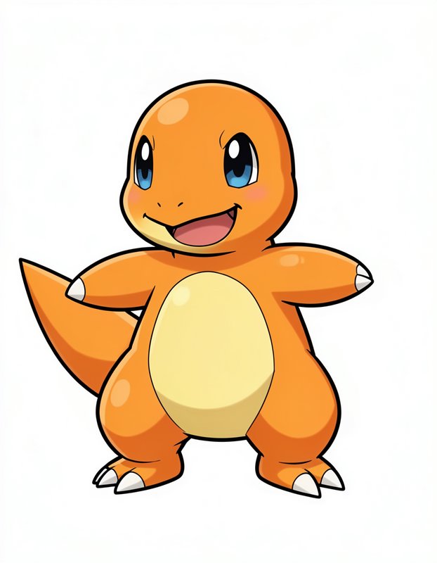 Happy chibi Charmander Pokemon standing with outstretched arms, smiling, isolated on a plain whit...
