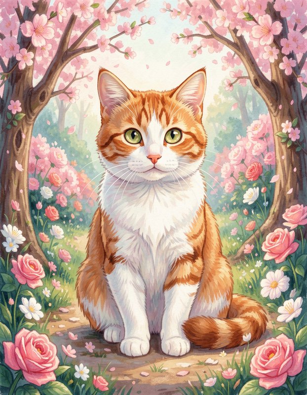 [Watercolor illustration of an orange and white tabby cat sitting in a blooming spring cherry blossom garden]