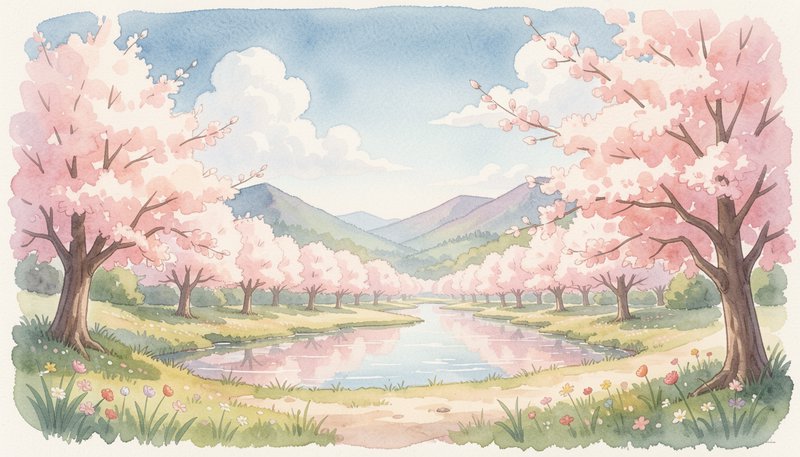 Soft watercolor illustration of blooming pink cherry blossom trees lining a calm riverside, with ...